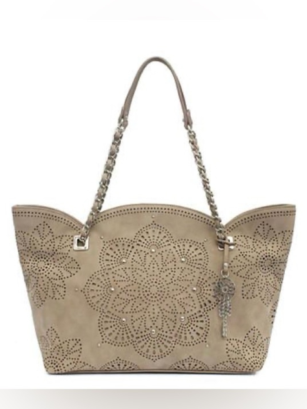 Jessica Simpson Sunny Laser-Cut Tote Bag Beige Taupe Studded Chain Strap